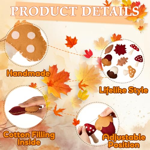 Fall Mushroom Felt Garland - Autumn Home Decor for Thanksgiving & Halloween - 4.9ft