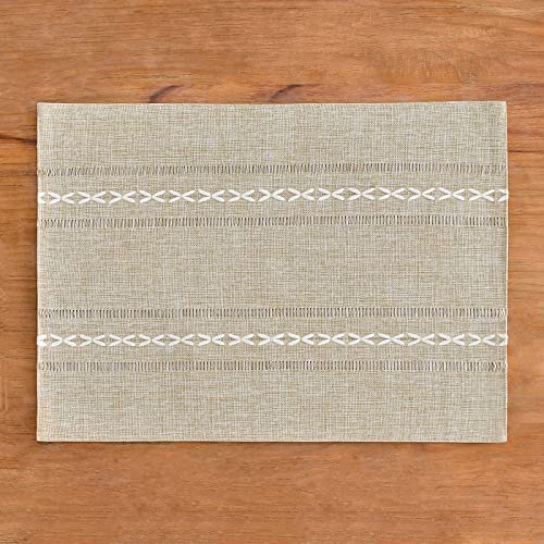 Hemstitched Cotton Linen Place Mats Set of 8 - Coffee Embroidered, Boho Table Decor