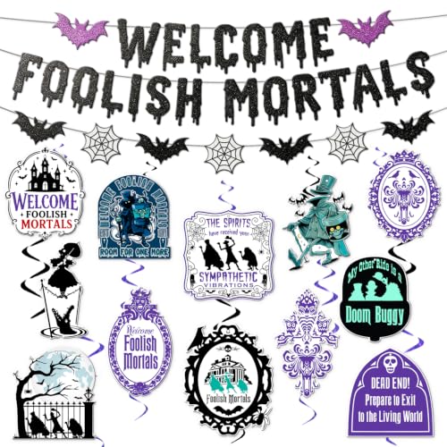 Halloween Haunted Party Decorations Banner & Swirls Set - Black Glitter Welcome Mortals