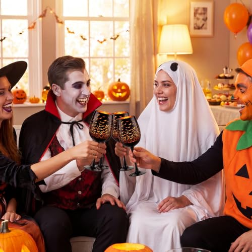 Halloween Bat Wine Glasses Set - Black & Orange Stemmed Goblets, 15oz, 2 Pcs