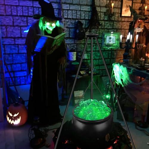 Halloween Cauldron on Tripod with Lights & Balls - Outdoor Witch Decor