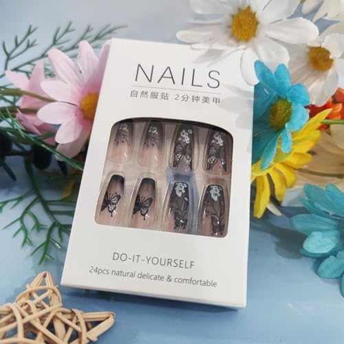 Square Black Butterfly Press On Nails with White Flower Design - Medium Coffin Fake Nails for Manicure