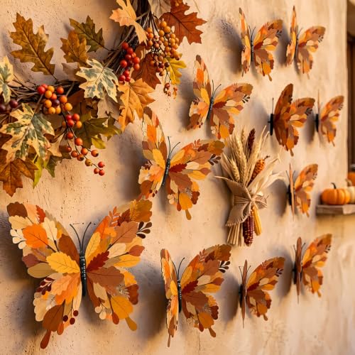 Fall 3D Butterfly Wall Stickers - 12 Pack Autumn Maple Leaf Decor for Halloween Thanksgiving