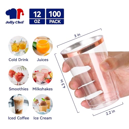 12 oz Rose Gold Plastic Cups Tumblers - 100 Pack Disposable Clear Drinking Cups