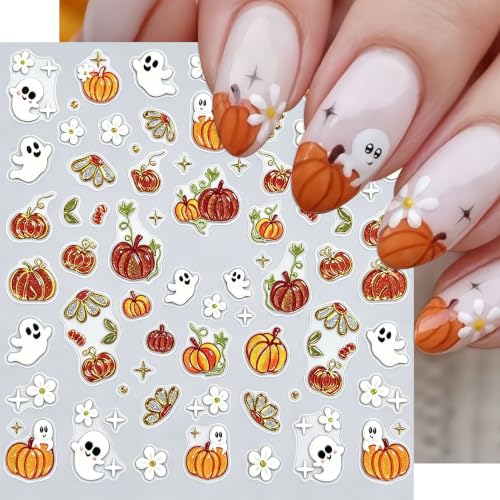 Halloween Nail Art Stickers Set - Ghost Pumpkin Spider Web Bat & Fall Leaves - Style04