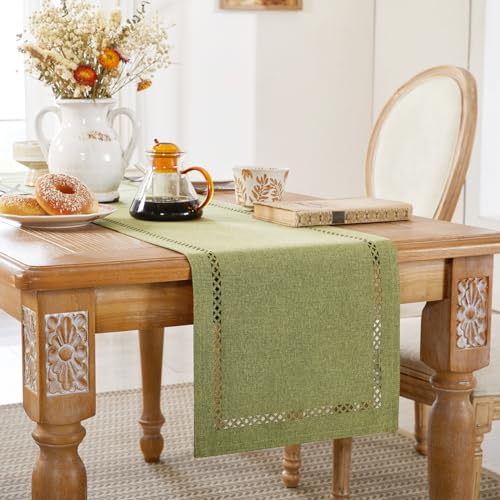Sage Green Burlap Table Runner 13x90 Inch - Rustic Linen Style