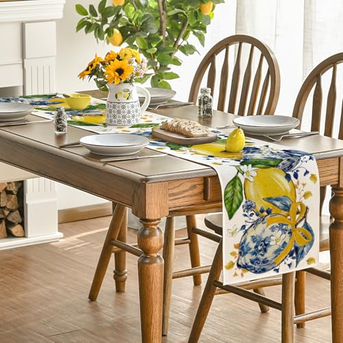 13x60 Inch Summer Table Runner - Chinoiserie Lemon Flowers Beige Polyester