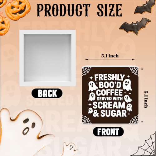 Halloween Coffee Decor Sign - Freshly Coffee Ghost 5x5 Inch Home Office Desk Shelf Decoration