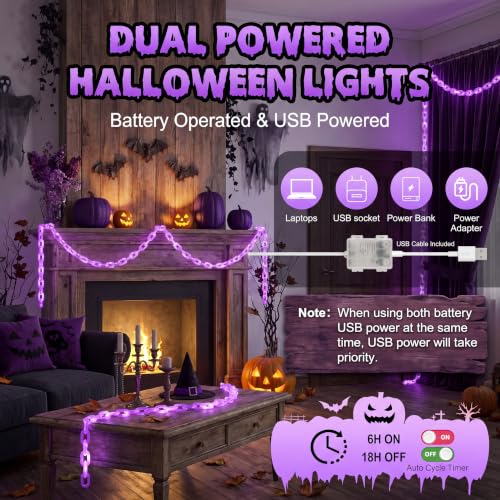 Purple Halloween LED Chain Lights 10.5 Ft with 175 Vivid Orange LEDs, USB & Battery Powered