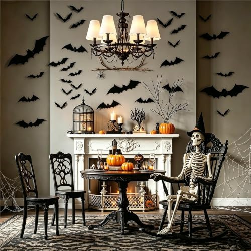 Halloween Bat Wall Decor Stickers - 56 Black 3D Flying Bats for Party & Home