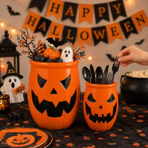 Yellow Halloween Ceramic Pumpkin Utensil Crock Set - Large & Small Kitchen Organizer with Jack O Lantern Design