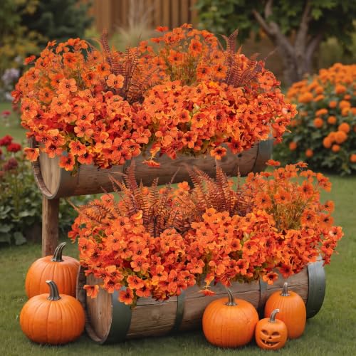 Artificial Fall Flowers for Outdoors - 12 Bundles Faux Mums, Orange Variation