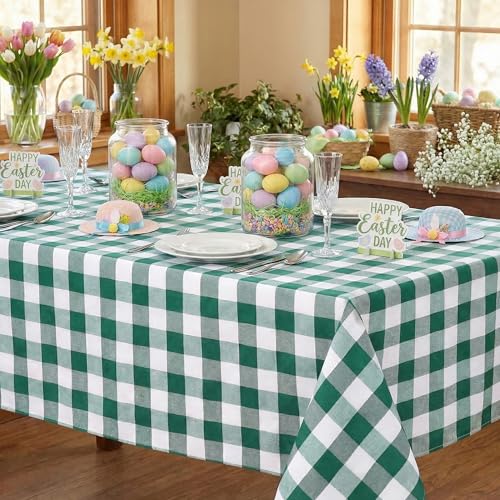 Green and White Plaid Easter Tablecloth - 120x56 Inches Rectangular St. Patrick's Day Decor