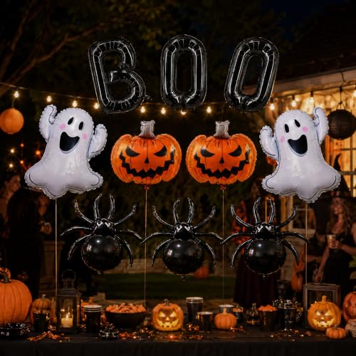 Halloween Foil Balloons Set - Ghost, Pumpkin, Spider, Boo Letters - 10 pcs