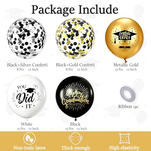 Printed Graduation Balloons 61pcs Black Gold Silver Confetti Latex Party Decorations