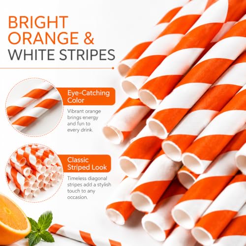 Orange Disposable Paper Straws - 100 Biodegradable Cocktail & Party Straws