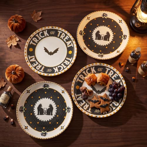 Halloween Ceramic Dessert Plates Set - 4 Pcs Tile Stoneware with 24k Gold Accents