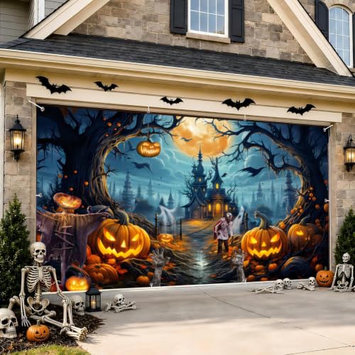 Orange 7x16 FT Halloween Garage Door Banner - Spooky Night Backdrop for Haunted House