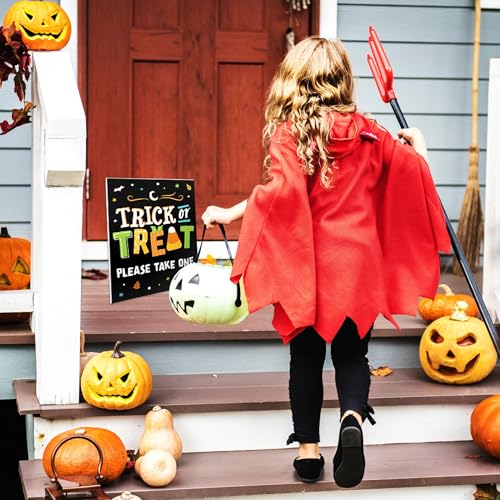 Halloween Trick or Treat Sign with Stand - Kids Party Decoration, 10.5 x 13.75 inches