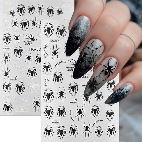 Cute Halloween Spider Nail Art Stickers 8 Sheets Self-Adhesive Black & White Spider Web Decals for Manicure DIY
