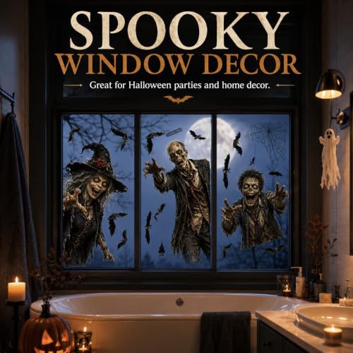 Halloween Window Clings PVC Witch Zombie Bat Decals Not Luminous - 12 pcs