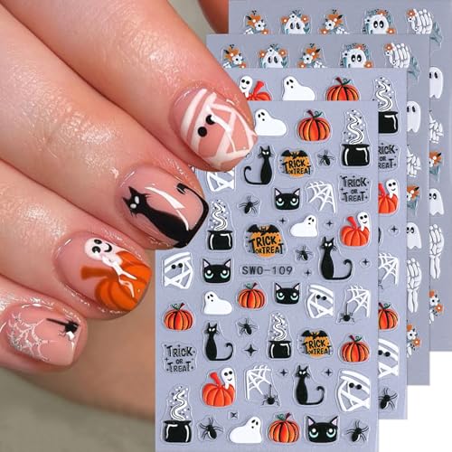 Halloween Nail Stickers 5D Spooky Decals - Black Cat Pumpkins Ghost Skeleton Hand - Variation Halloween-01