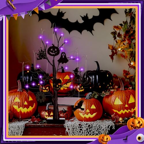 Black Halloween Tree with Lights - Indoor 24 Inch Decor with Ornaments & USB or Battery Power