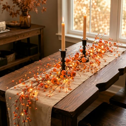 Orange Fall Garland with Lights - 5 ft Autumn Pumpkin & Berry Decor