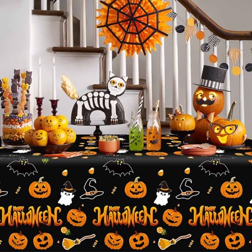 Halloween Tablecloth Rectangle 54x108 Inches - Black Disposable Plastic Cover - 3 Pack - Spooky Pumpkin Ghost Decor Variation
