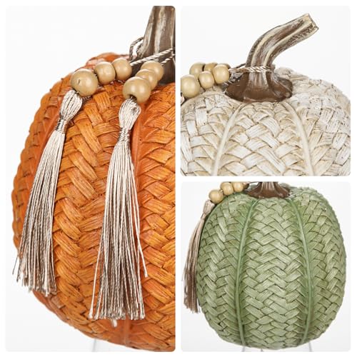 Fall Pumpkin Decor Set - 3 Pack Woven Resin Oranges, Whites & Greens for Autumn Thanksgiving Halloween