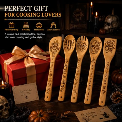 Skull Wooden Cooking Spoons Set - Gothic Halloween Kitchen Utensils, 5-Piece