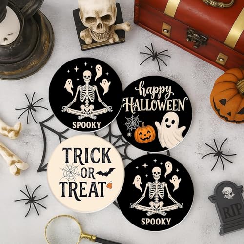 Halloween Ceramic Coasters Set of 6 with Skeleton Ghost Pumpkin Variation