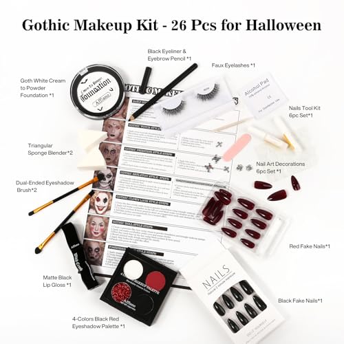 Goth Makeup Kit - Halloween Face Paint, Lipstick, Eye Shadow, False Eyelashes & Nails