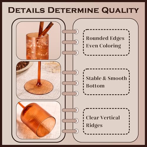 Orange Ribbed Wine Glasses Set of 6 - 11.5oz Stemware for Red & White Wine