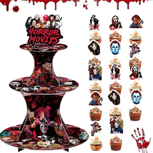 Halloween Cupcake Stand with Horror Scream Design and Toppers - 3 Tier Party Decor