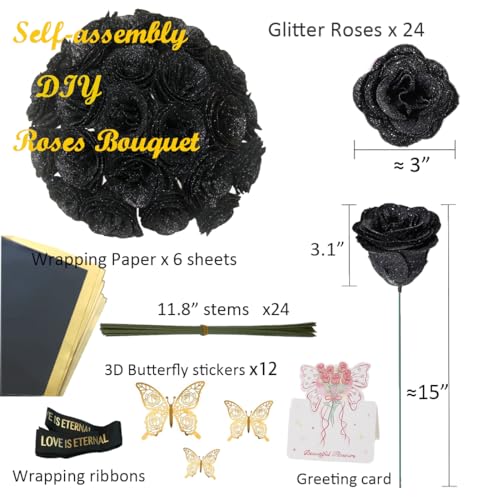Black Glitter Roses Bouquet DIY Gift for Dad, Husband, Halloween & Gothic Decor