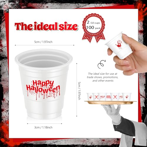 Halloween Bloody Shot Glasses Set - 100 Disposable 2oz Plastic Cups for Parties
