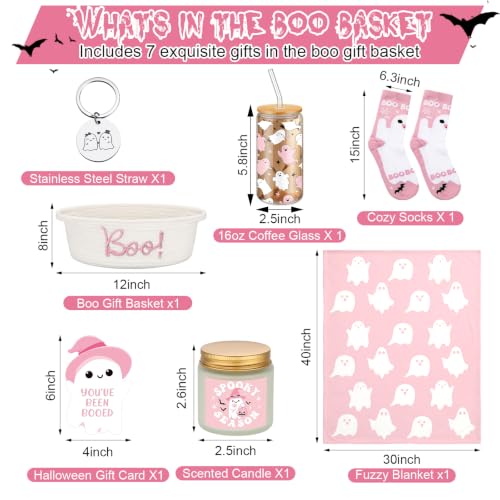 Pink Halloween Gift Basket with Ghost Glass, Blanket, Socks & Candle - Mindsoft 7 Pcs