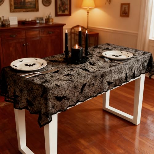 Halloween Lace Tablecloth 70x52 Inch Black Bat Spider Web Gothic Decor for Fall Parties