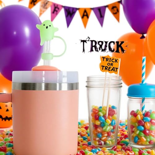 Luminous Halloween Ghost Straw Covers Set for 30 & 40 Oz Tumblers - Silicone Drink Topper