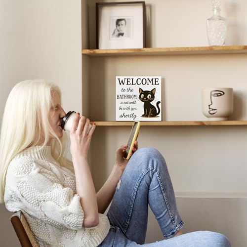 Cat Wooden Sign - Funny Bathroom Decor, Cat Lover Gift, 5x5 Inch