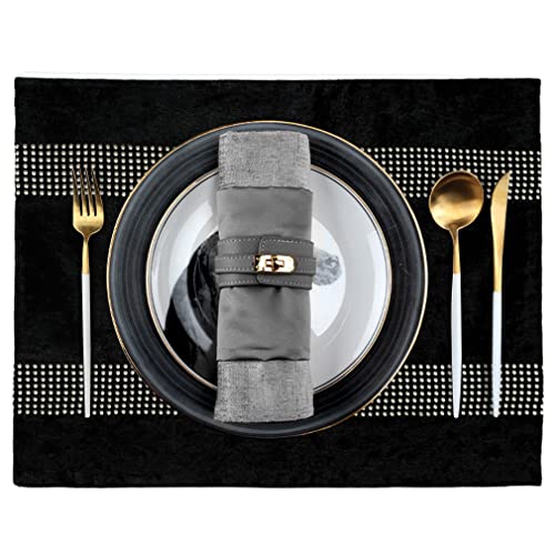 Black Velvet Placemats Set of 4 with Silver Sequin Rhinestones - Elegant Table Decor