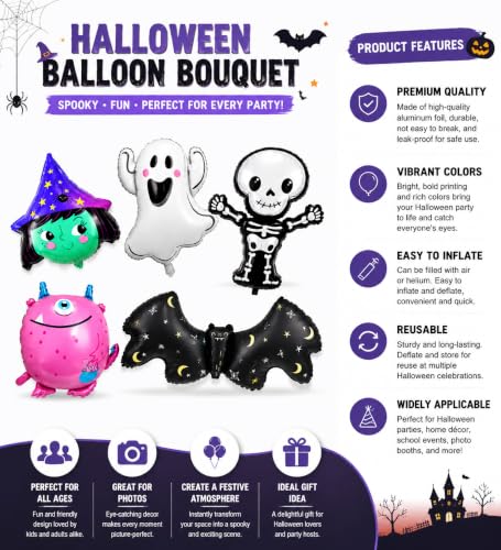 Halloween Foil Balloon Set - Cute Ghost Skeleton Witch Bat Monster Party Decorations
