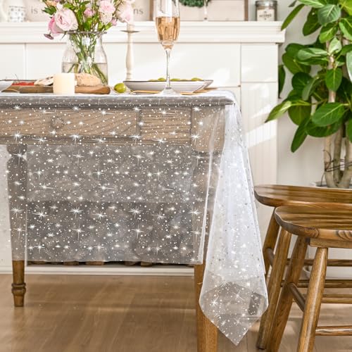 Horaldaily White Silver Star Gauze Tablecloth 60x104 Inch Rectangular