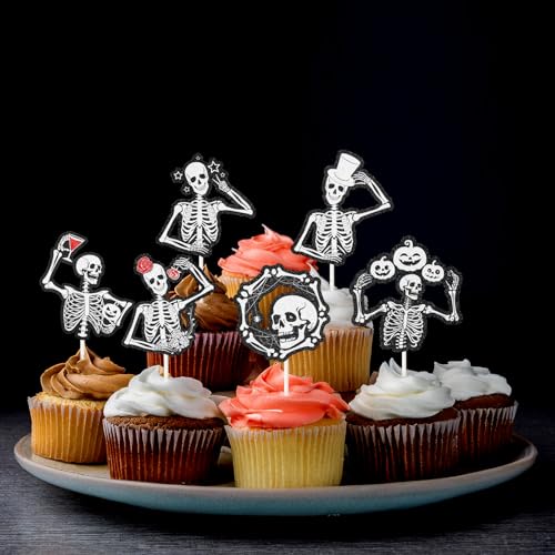 Black Skull Cupcake Toppers - 18 Pieces Gothic Skeleton Picks for Halloween & Wedding Decor - Variation: Black Skull