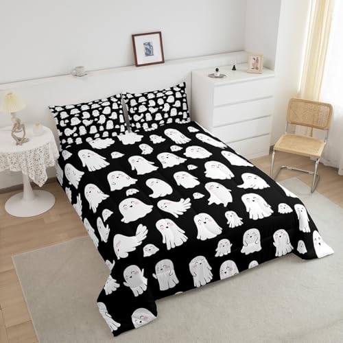 Halloween Ghost Comforter Set - Cute White Spooky Bedding for Kids & Teens Queen Variation 064