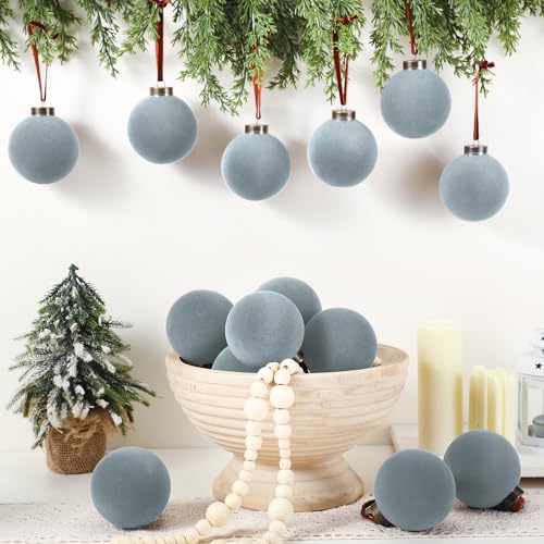 Velvet Christmas Ball Ornaments Bulk 15Pcs Flocked Tree Decorations Dusty Blue 3.15 Inch