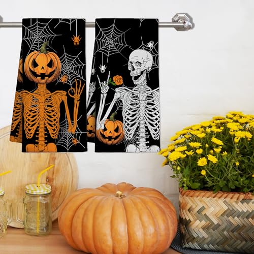 Halloween Kitchen Towel Set - Pumpkin Skeleton Hand Spider Web Black 3
