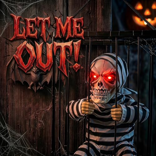 Outdoor Caged Skeleton Prisoner Halloween Decoration with Red LED Eyes & Sound