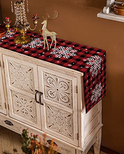13 x 90 Inch Christmas Table Runner - Red Black Buffalo Plaid Snowflake Decor